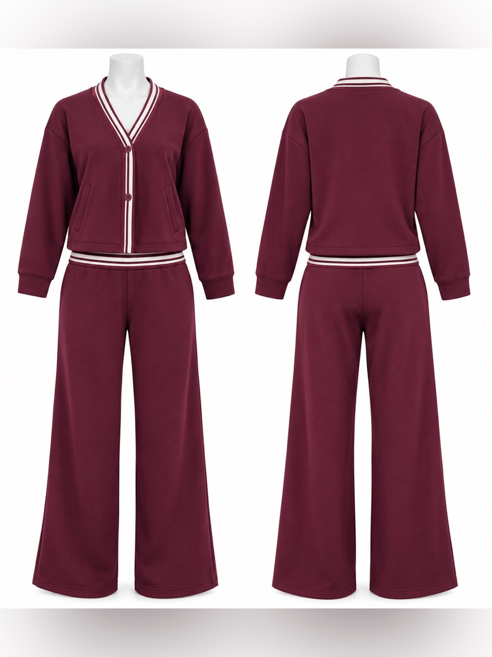 Woman ' Burgundy Two-Piece Set with Stripe Trim